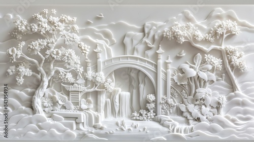 Fototapeta Naklejka Na Ścianę i Meble -  Intricate White Carving of Traditional Asian Landscape, Generative AI