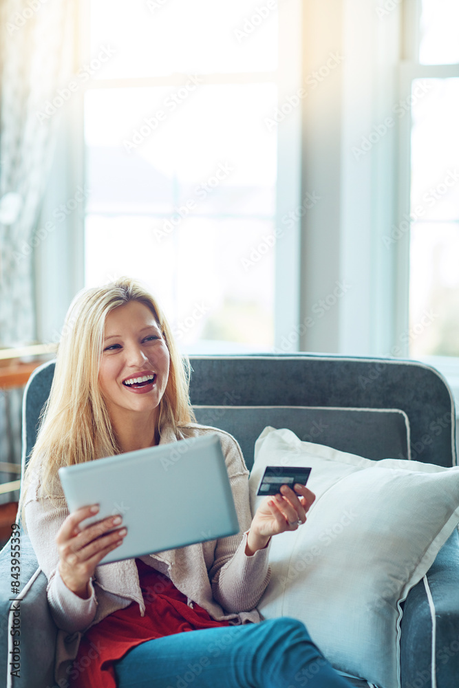 Woman, credit card and tablet or smile in living room fintech and online transaction for shopping in house. Customer, internet payment and sale or banking app, ecommerce and relax for purchase Woman, credit card and tablet or smile in living room fintech and online transaction for shopping in house. Customer, internet payment and sale or banking app, ecommerce and relax for purchase