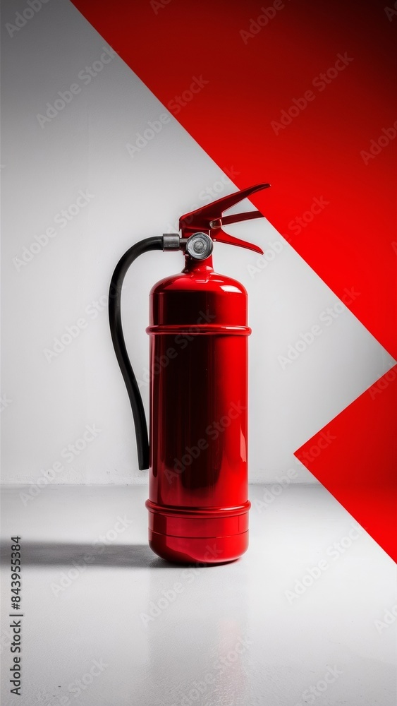 Fototapeta premium A vibrant red fire extinguisher against a white and red geometric background .Suitable for fire prevention campaigns and emergency preparedness visuals.