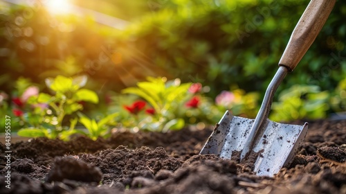 preparing soil for planting garden plants. closeup of spade in flower bed on sunny summer evening. gardening and horticulture background. banner with copy space. photo