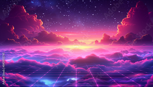 Synthwave landscape with neon grid, clouds, and sunset, 80's retrowave scene illustration