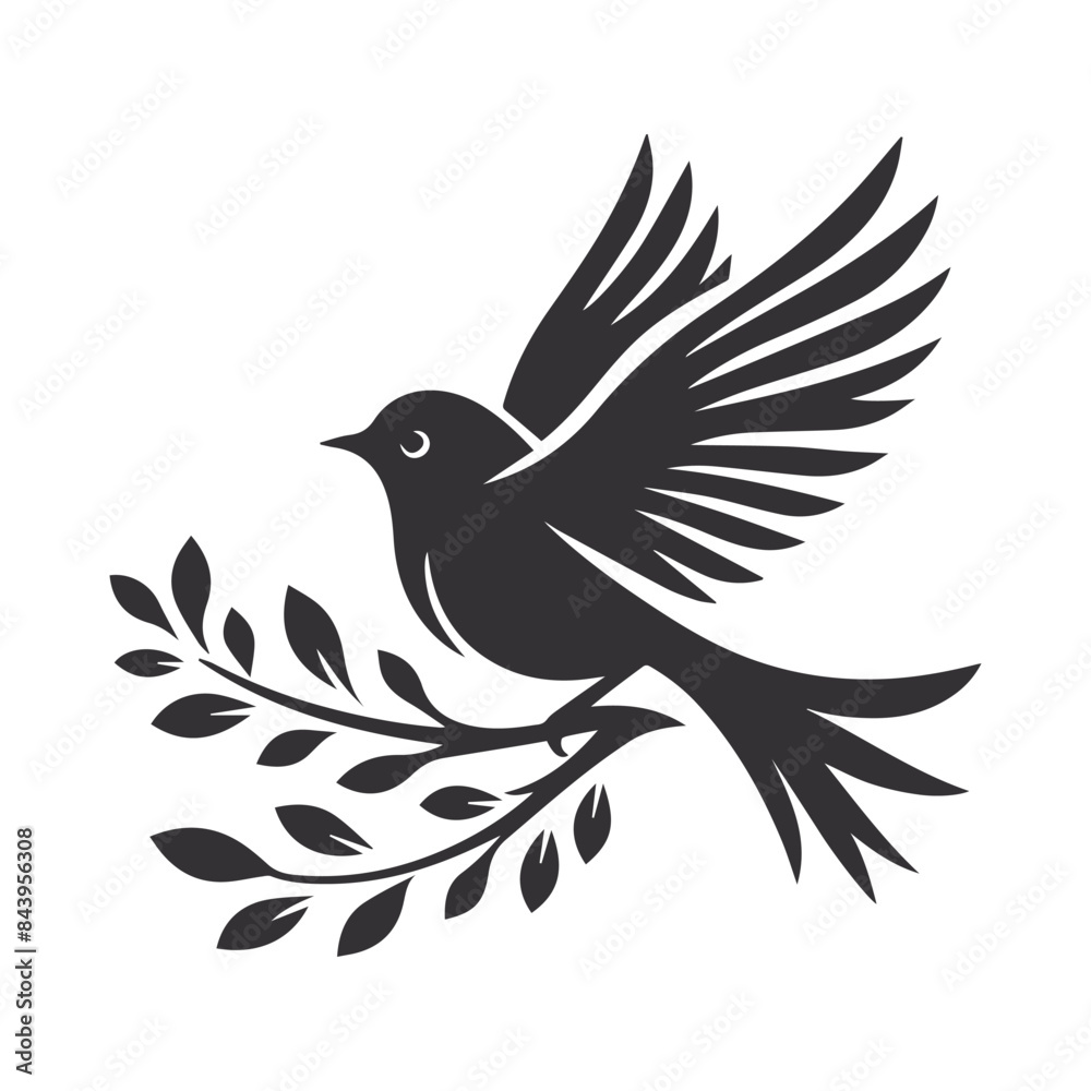 Fototapeta premium Black bird, leaf and flower vector silhouette illustration, creative design