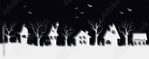 Halloween Seamless Border. Spooky village. Halloween Houses. White Silhouettes of houses, trees on black background. Halloween border in Paper Cut Out Style. Vector illustration