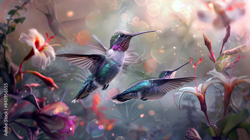 Ethereal Hummingbirds in Flight Amongst Blooming Flowers and Lush Foliage: A Captivating Nature Illustration