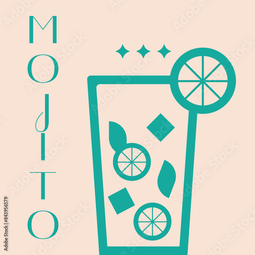 Glass of mojito.Summer cocktail aperitif with mint and ice cubes. Summer cocktail print.Mohito geometric style. Vector illustration EPS 10