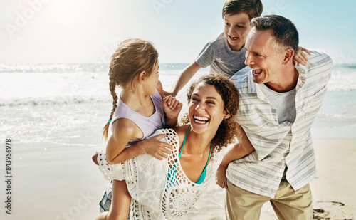 Bild auf Leinwand Beach, family and parents piggy back for holiday, fun and together with children for Australia adventure