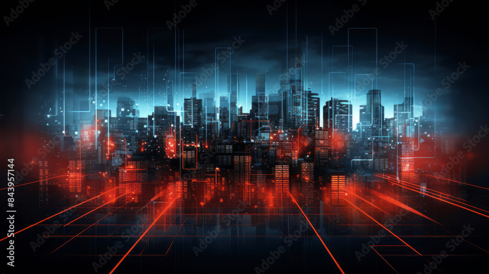 Naklejka premium Cyber city with red and blue neon light effect, virtual scene concept