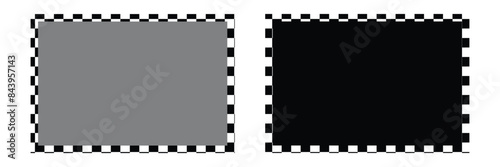 Rectangle frame with checkered print on borders. Rectangular vignette with checkerboard, race flag or chess game pattern.