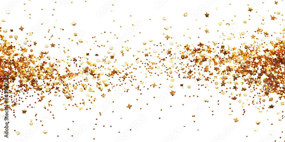 Gold glitter particles scattered on a transparent background