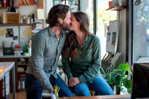 Photo of two coworkers man male have love affair strong affection kissing in workpace workstation photo