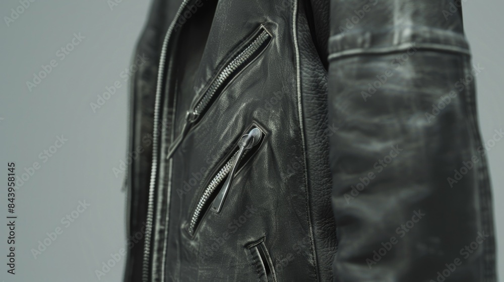 Close-up of Black Leather Jacket with Zippers, Generative AI Close-up of Black Leather Jacket with Zippers, Generative AI