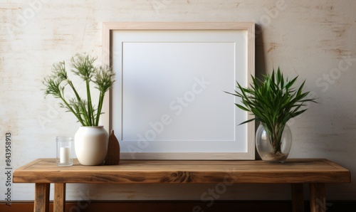 White empty frame with flowers and plants on a wooden table.