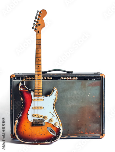 Old sunburst electric guitar and old guitar amplifier on transparent background