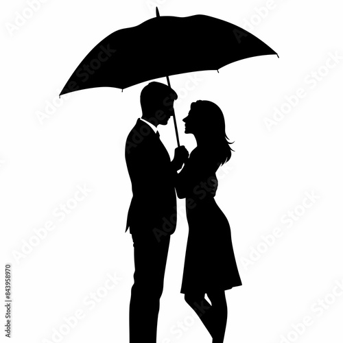 Vector silhouette of a couple holding an umbrella over their heads in a romantic moment on a white background