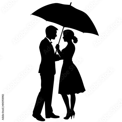 Vector silhouette of a couple holding an umbrella over their heads in a romantic moment on a white background