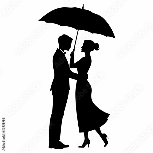 Vector silhouette of a couple holding an umbrella over their heads in a romantic moment on a white background