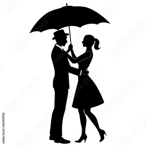 Vector silhouette of a couple holding an umbrella over their heads in a romantic moment on a white background