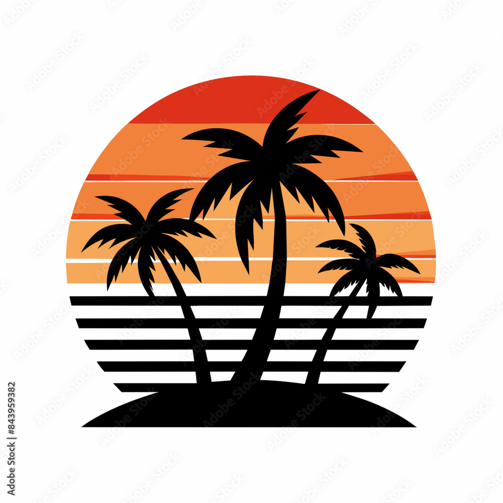 Fototapeta premium Beach with palms tree black silhouette and morning sun, vector T-Shirt Design on white background