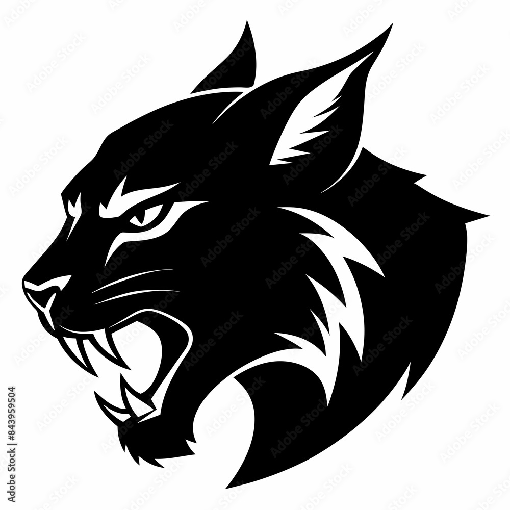 Bobcat angry head side view, vector silhouette, white background 