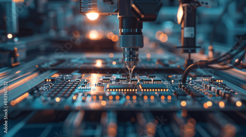 high-tech robotic arm meticulously works on a circuit board in a state-of-the-art manufacturing facility. precision and automation highlight the advanced technology and innovation in modern electronic