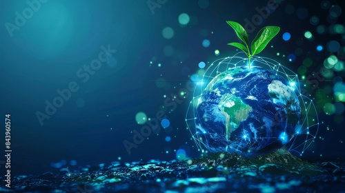 3d rendering of young green sprout emerging from a digital, interconnected globe, technological growth and environmental sustainability. dark, glowing background highlights the vibrant new life