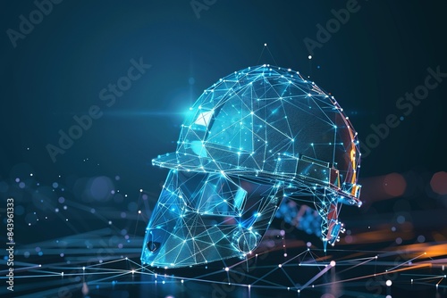 Concept of work safety with safety construction helmet in futuristic glowing low polygonal style on bright blue background. contemporary modern conceptual connection design elegant design