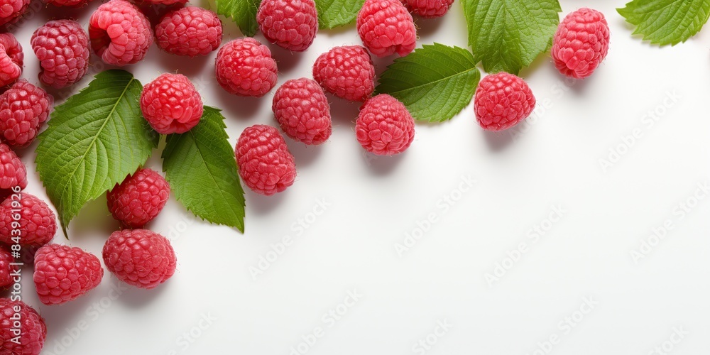 Many raspberry berries with leaves on a blank empty white space mock up decoration background Many raspberry berries with leaves on a blank empty white space mock up decoration background