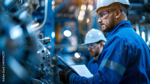 male engineers wearing white hard hats, safety glasses, and blue work uniforms are working in an industrial setting. holding a clipboard and taking notes, inspecting machinery.  industrial equipment