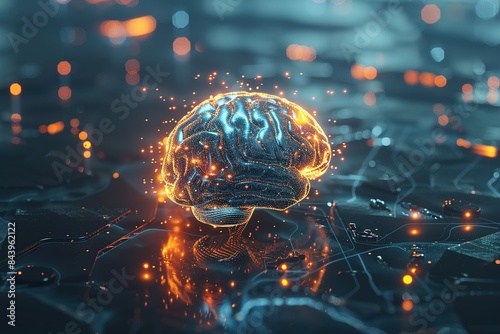 Digital brain modern conceptual glow elegant. Science and hi tech, mechanical technology concept. Neural network photo