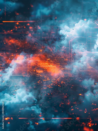Abstract digital art with vibrant colors and dynamic textures, featuring swirling clouds and glowing streaks of light.