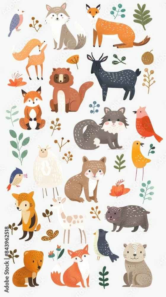 A seamless pattern with cute woodland animals, birds and floral elements. Perfect for creating invitations, nursery prints, and wrapping paper.