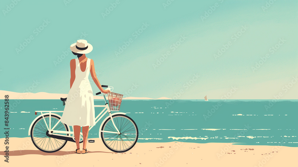 Fototapeta premium Calm romantic illustration of a woman with a bicycle in a white dress and hat on the seaside, concept of easy calm eco-life, tourism and recreation, hope and calm
