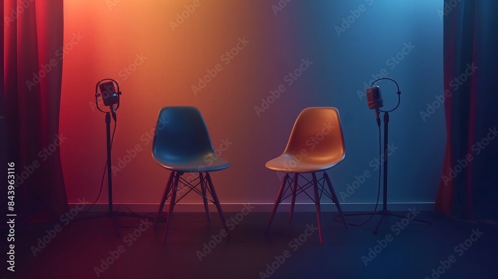 Two chairs are placed in front of a wall with microphones Two chairs are placed in front of a wall with microphones