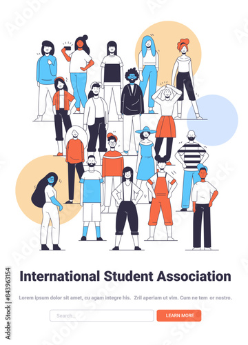 Diverse group of students standing together colorful geometric shapes modern flat design style teamwork community education multiculturalism