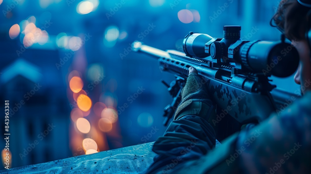 Fototapeta premium A man is holding a rifle and looking through a scope