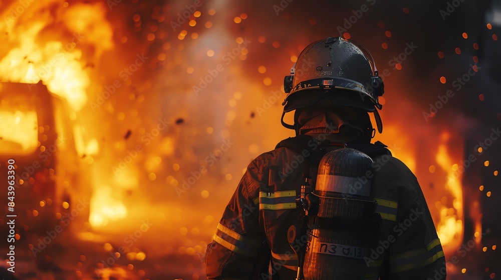 A firefighter bravely stood ready to extinguish the fire. A firefighter bravely stood ready to extinguish the fire.