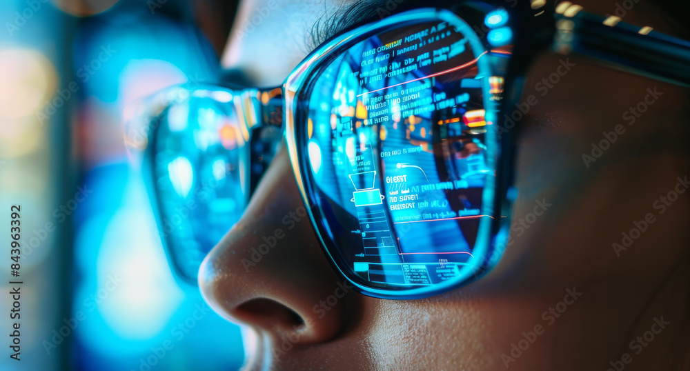 A young woman wearing glasses, with the reflection in her glasses showing that she is programming, highlighting her focus and tech-savvy nature. A young woman wearing glasses, with the reflection in her glasses showing that she is programming, highlighting her focus and tech-savvy nature.