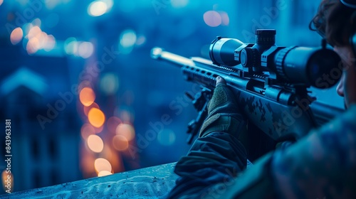 A man is holding a rifle and looking through a scope