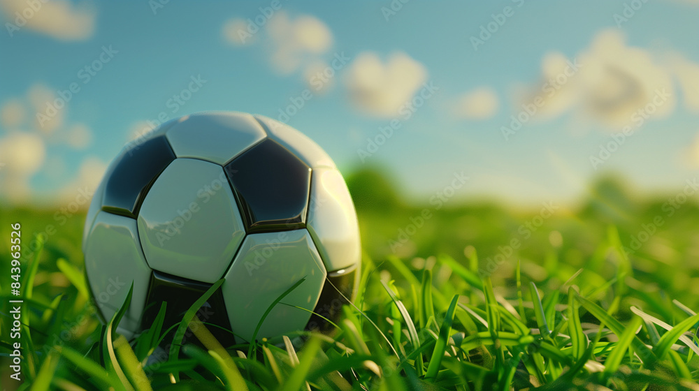 Fototapeta premium Traditional soccer ball on a field with green grass. World Cup, football match. Professional sports, hobbies, recreation. 3 d illustration for banner, poster, postcard design with copy space