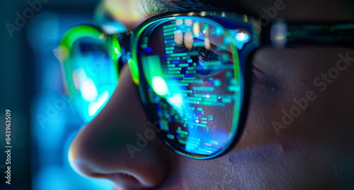 A young woman wearing glasses, with the reflection in her glasses showing that she is programming, highlighting her focus and tech-savvy nature. © Anna