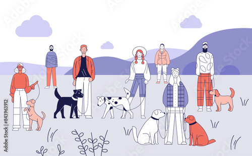 Group of diverse people walking dogs in a park with hills and clouds in the background
