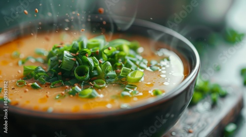 Close-up of steaming bowl of soup topped with chopped green onions. photo