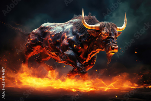generated illustration of charging bull in flames symbolizing a strong bull market trend