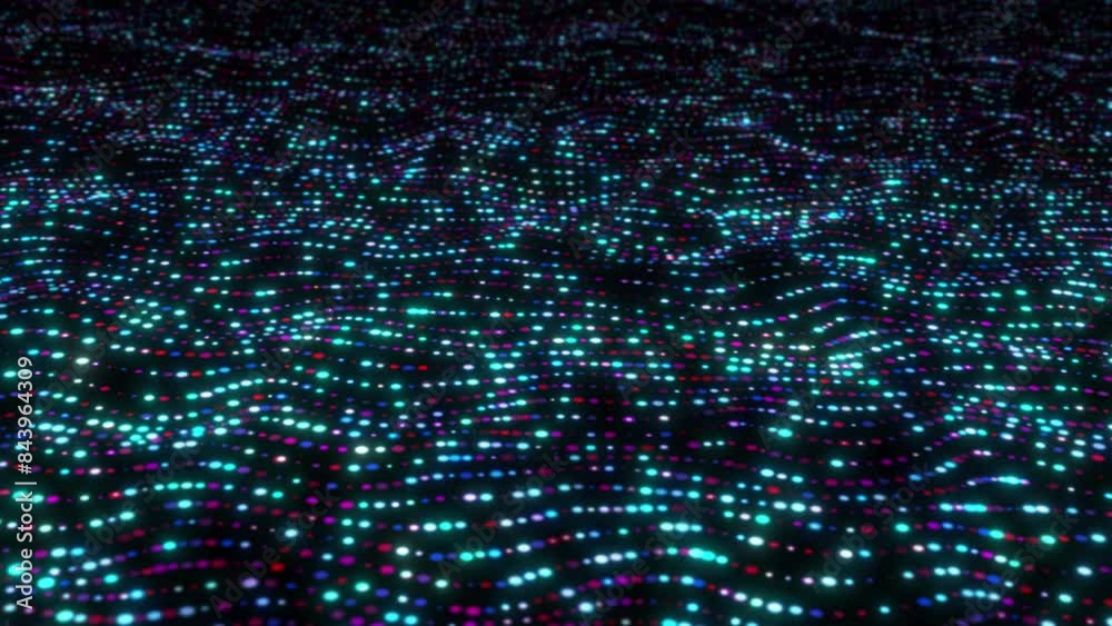 Digital Glowing Particle Light Animation Circle Glowing Dot Moving On Black Background. Data Technology Cyber Background. Glowing Particle Wave Animation, Particle Waving And Glowing Digital Particle Digital Glowing Particle Light Animation Circle Glowing Dot Moving On Black Background. Data Technology Cyber Background. Glowing Particle Wave Animation, Particle Waving And Glowing Digital Particle