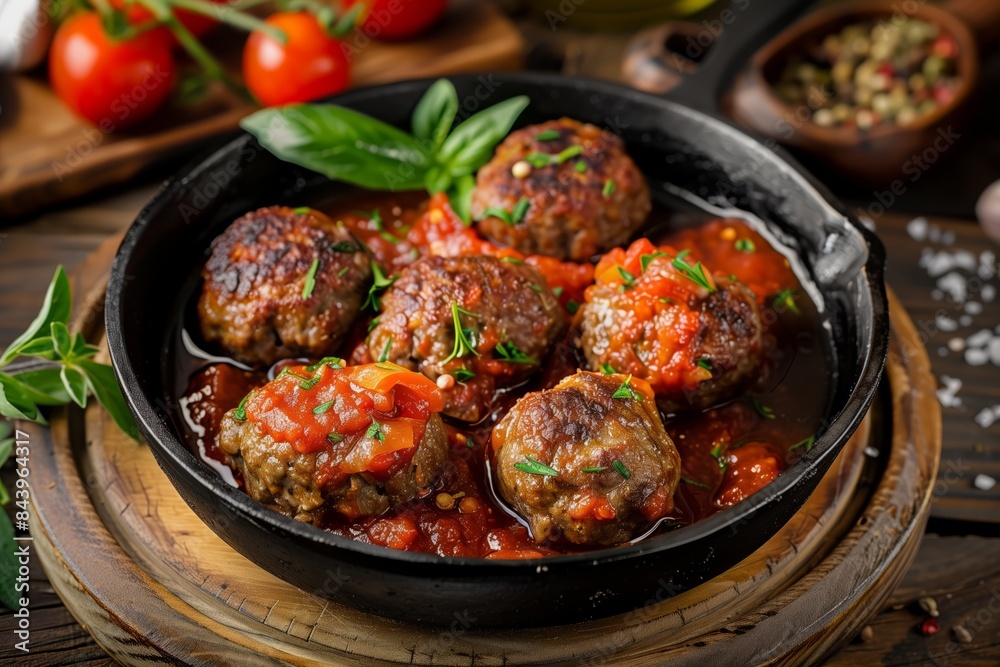 A plate of meatballs with tomato sauce and basil. The meatballs are cooked and are sitting in a pan