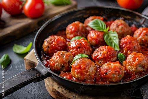 A pan of meatballs with a sauce and some basil on top © Tirawat
