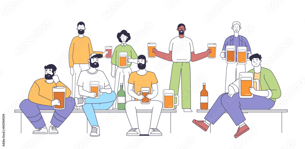 Group of diverse people holding beer glasses and bottles sitting and standing in a casual setting cheerful social gathering leisure activity Group of diverse people holding beer glasses and bottles sitting and standing in a casual setting cheerful social gathering leisure activity
