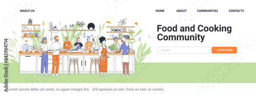 Cooking class illustration with diverse people preparing food in a modern kitchen surrounded by plants and kitchen utensils