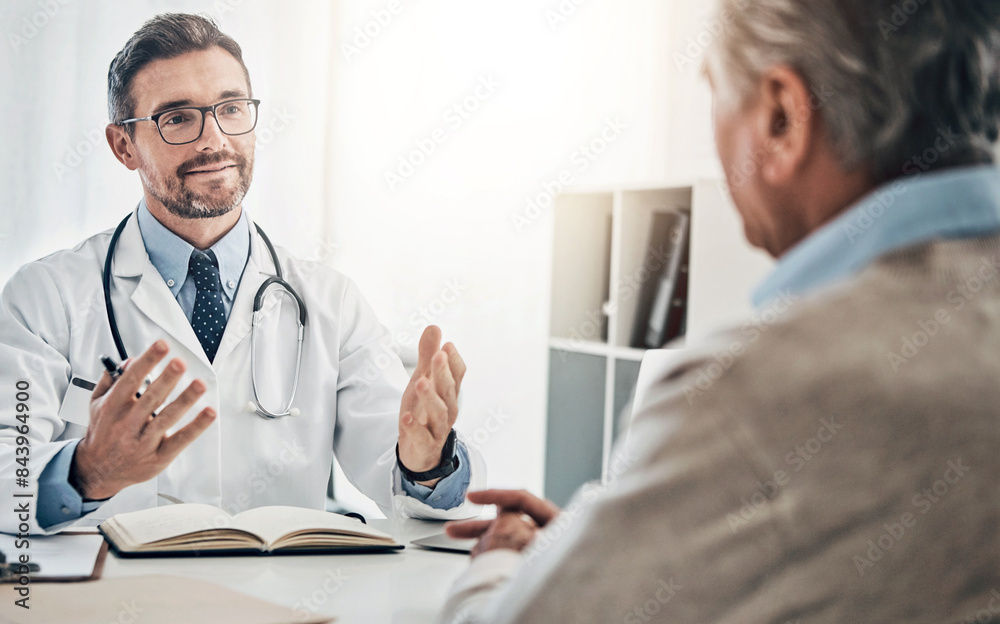 Consultation, man and doctor in office with advice, help and discussion for health insurance. Clinic, senior patient and medical professional at desk with support, trust and healthcare at checkup Consultation, man and doctor in office with advice, help and discussion for health insurance. Clinic, senior patient and medical professional at desk with support, trust and healthcare at checkup