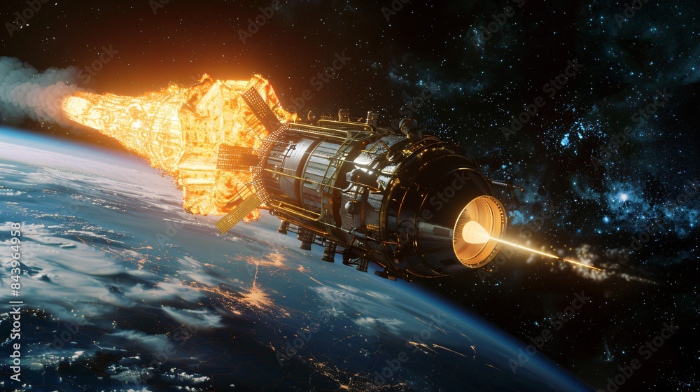 Illustrated scene of a spacecraft enduring intense heat during atmospheric reentry, with earth backdrop Illustrated scene of a spacecraft enduring intense heat during atmospheric reentry, with earth backdrop